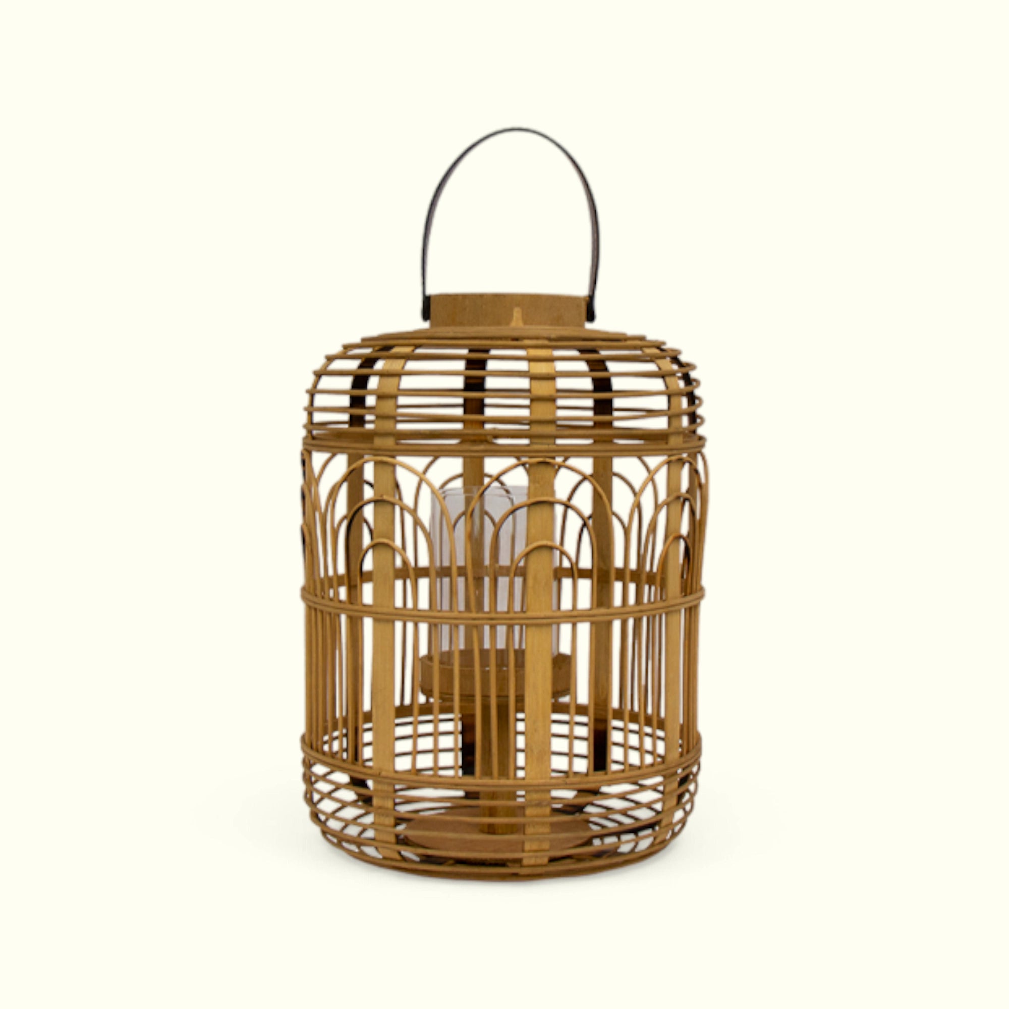 Farol Bohemio De Bambú Y Asa De Cuero II