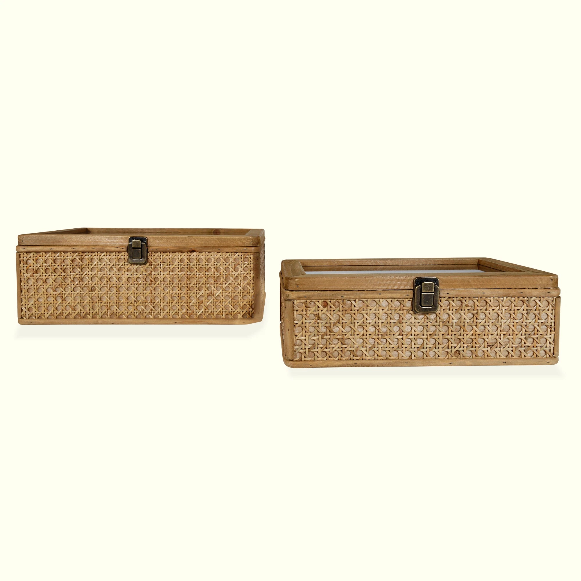 Set De 2 Cajas Rectangulares Kanet De Rattan Y Madera Con Tapa De Vidrio