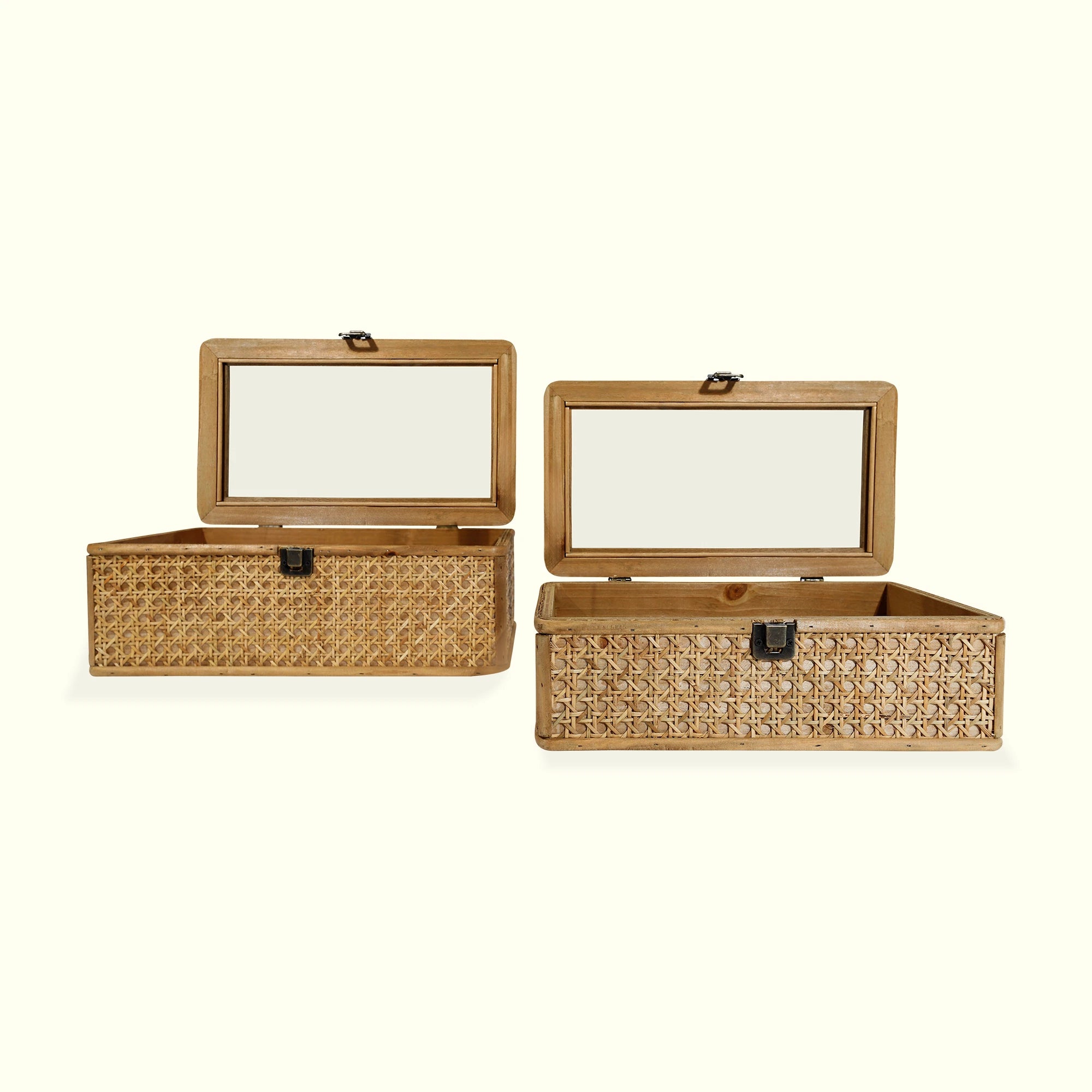 Set De 2 Cajas Rectangulares Kanet De Rattan Y Madera Con Tapa De Vidrio