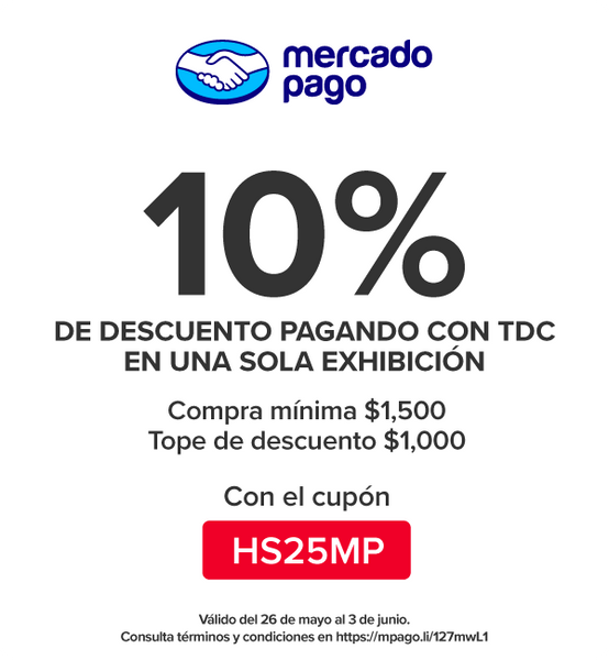 Mercado Pago 10% de descuento con tarjeta de crédito en una sola exhibición.