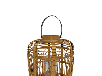 Farol Bohemio De Bambú Y Asa De Cuero I